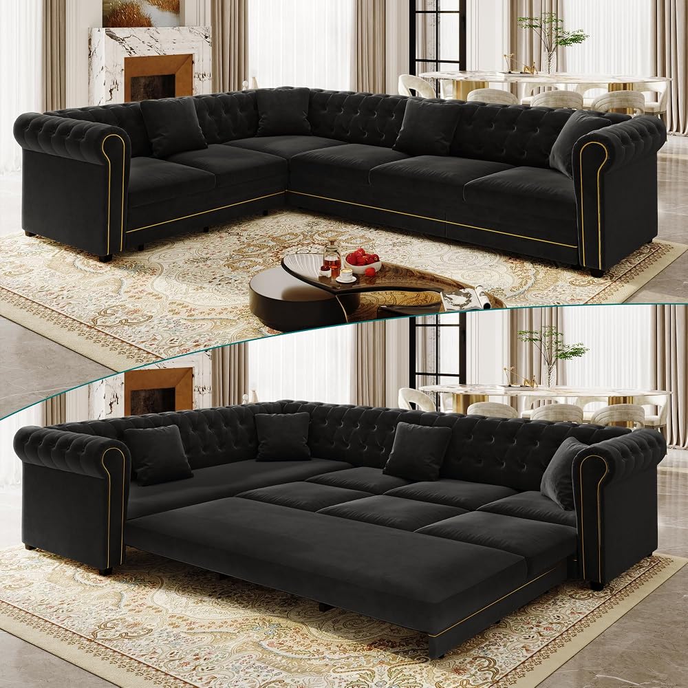 HANXIN 115.3" L-Shaped Sofa Couch with Pull Out Bed, Oversize Convertible Sectional Sleeper Sofa with Button Tufted & Rolled Arm, 6 Seat Velvet Upholstered Couches for Living Room(Black)