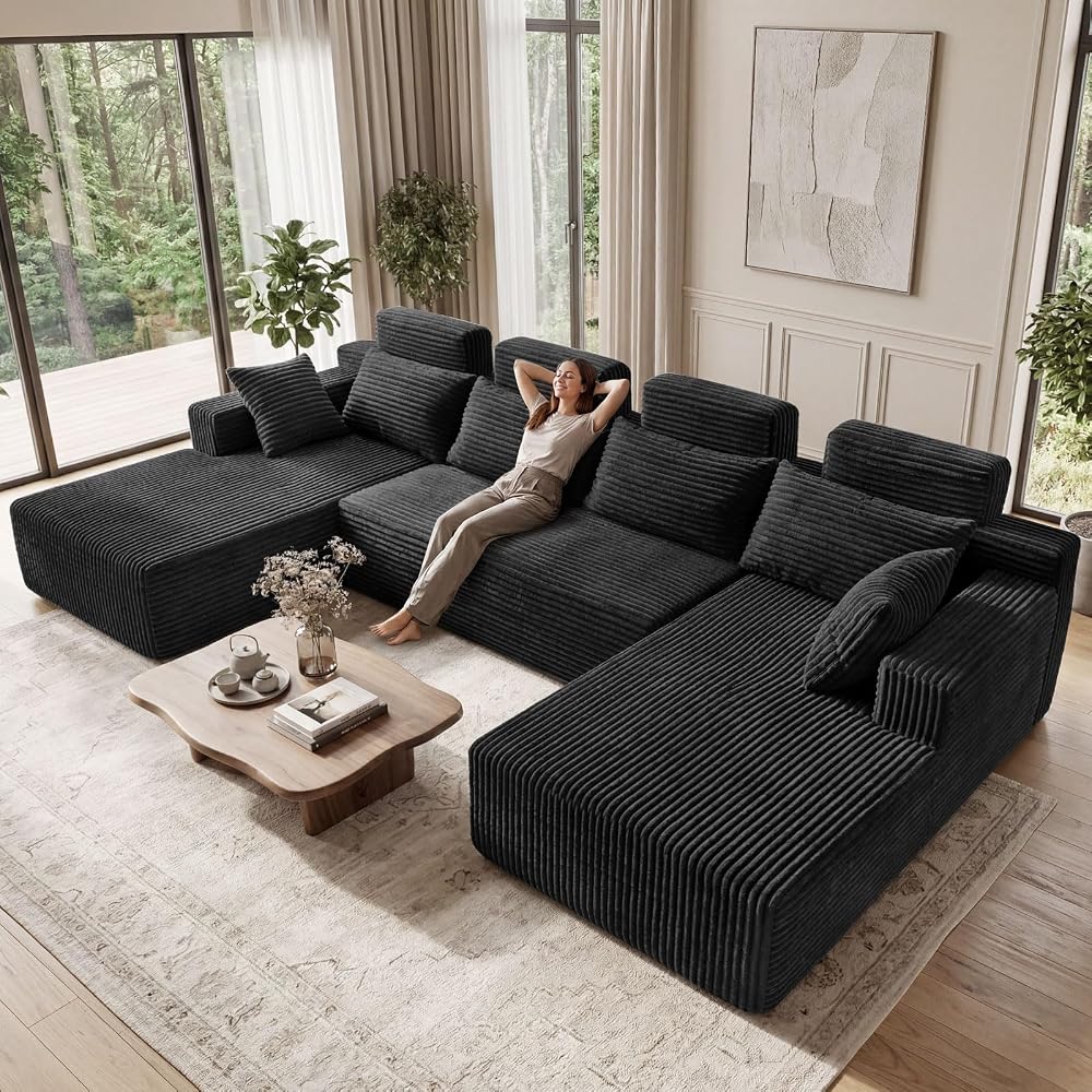 134" Boneless Couches for Living Room - Modular Sectional Sofa U Shaped Oversized Deep Seat High Back Corduroy No Assembly Modern Cloud Big Comfy Floor Couches (Black)