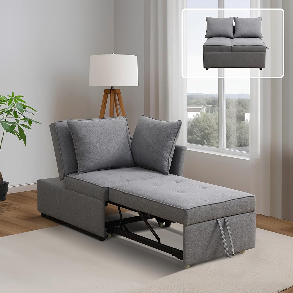 Sleeper Sofa, 4-in-1 Convertible Ottoman Couch Bed, Modern Sackcloth Futon Sofa Bed with 2 Pillows Adjustable Backrest, Recliner Folding Loveseat for Living Room, Apartment Dorm, Office,Grey