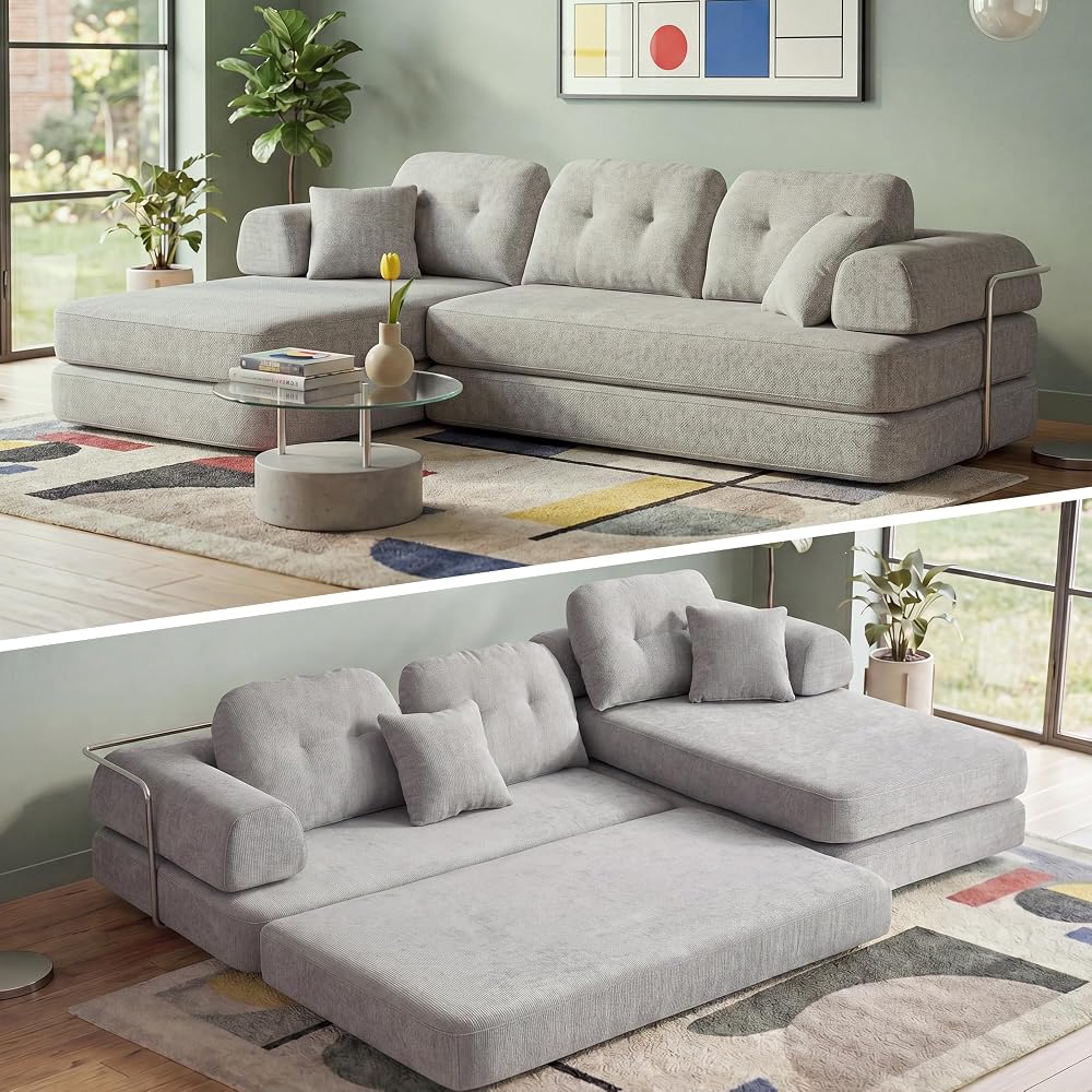 Boneless Sectional Couch with Chaise, Convertible L-Shape Floor Sleeper with High Headrest, Modular Sofa Bed for Living Room Apartment, No Assembly,Chenille Beige