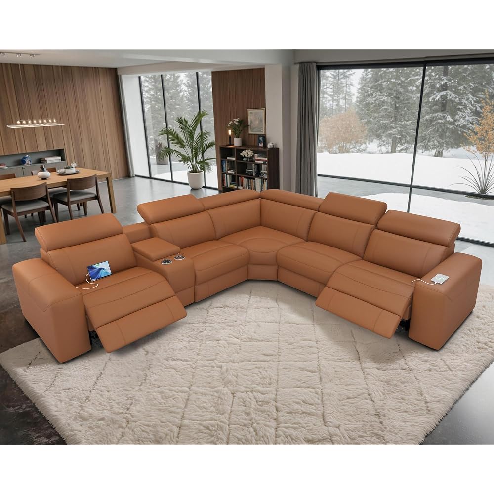 Jocisland 128 inch Power Reclining Sofa, Electric Recliner Sofa with Console & Dual Recliners, Oversized Sectional Couch for Living Room, Brown Leathaire