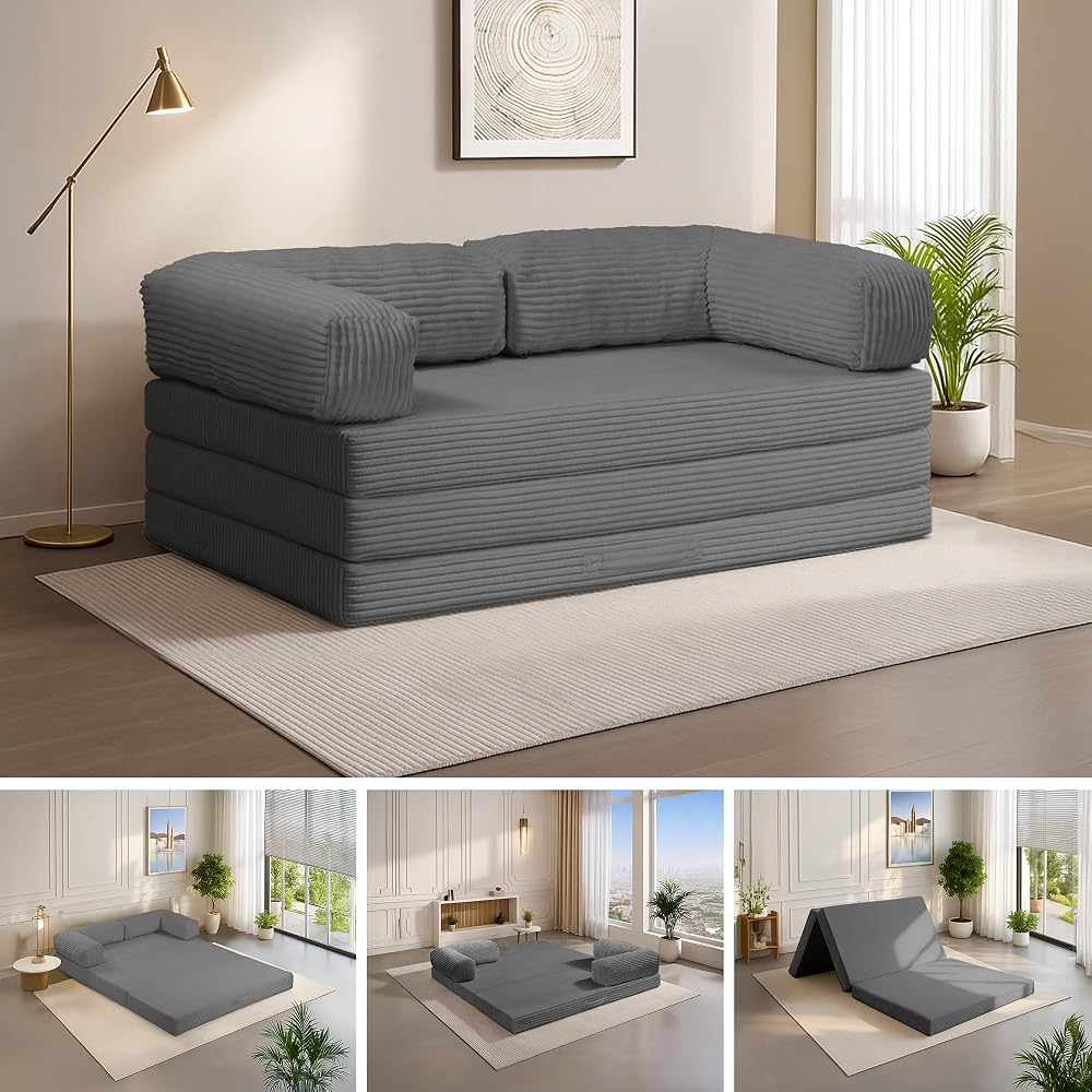 5-in-1 Convertible Sofa Bed,54" Boneless Couch Tri Folding Floor Mattress with Removable L-Shaped Armrests & Handle,Corduroy Futon Couch Sleeper with Pull Out Bed for Living Room Bedroom Apartment