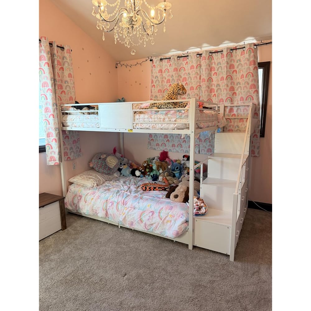 BTHFST Bunk Bed Full Over Full with Stairs, Storage Drawers and LED Lights