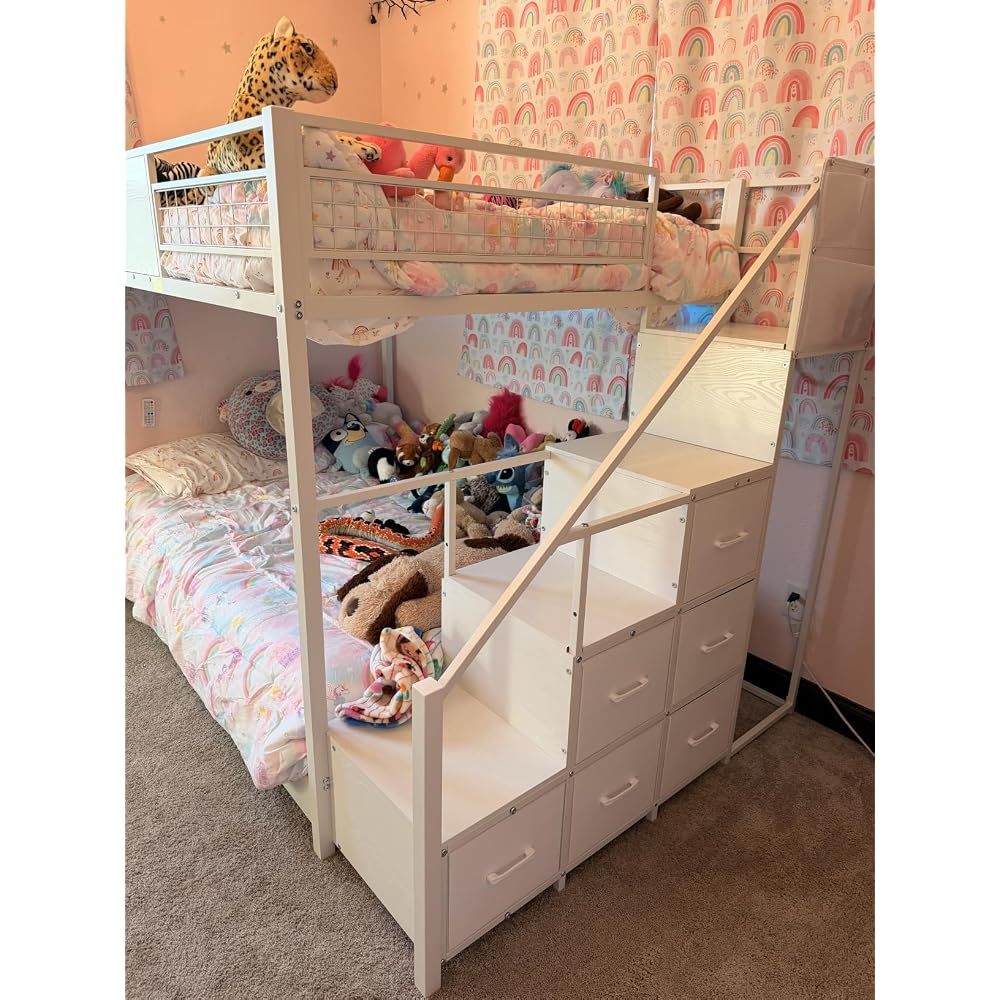 BTHFST Bunk Bed Full Over Full with Stairs, Storage Drawers and LED Lights