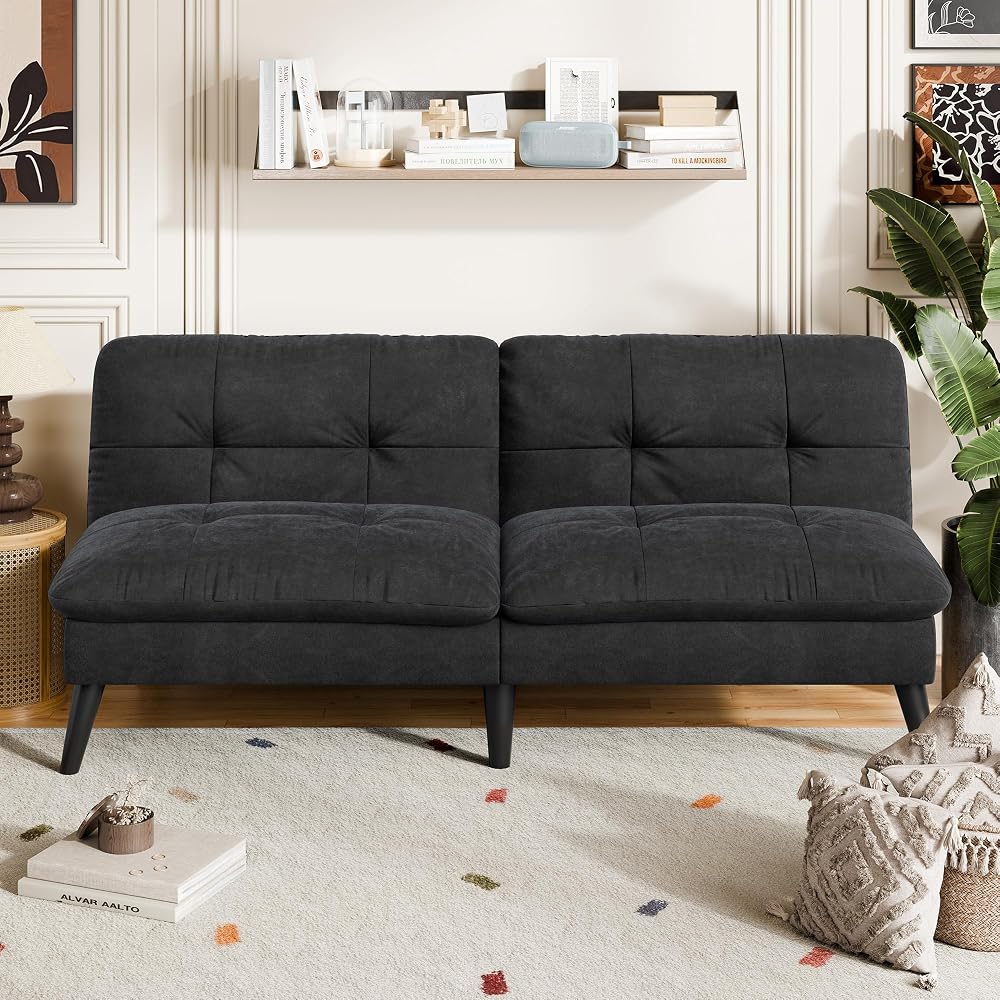 Vongrasig Futon Sofa Bed Velvet Futon Couch with Adjustable Backrest, Small Convertible Folding Sleeper Sofa Bed, Modern Loveseat for Living Room, Bedroom and Small Space, (Black)