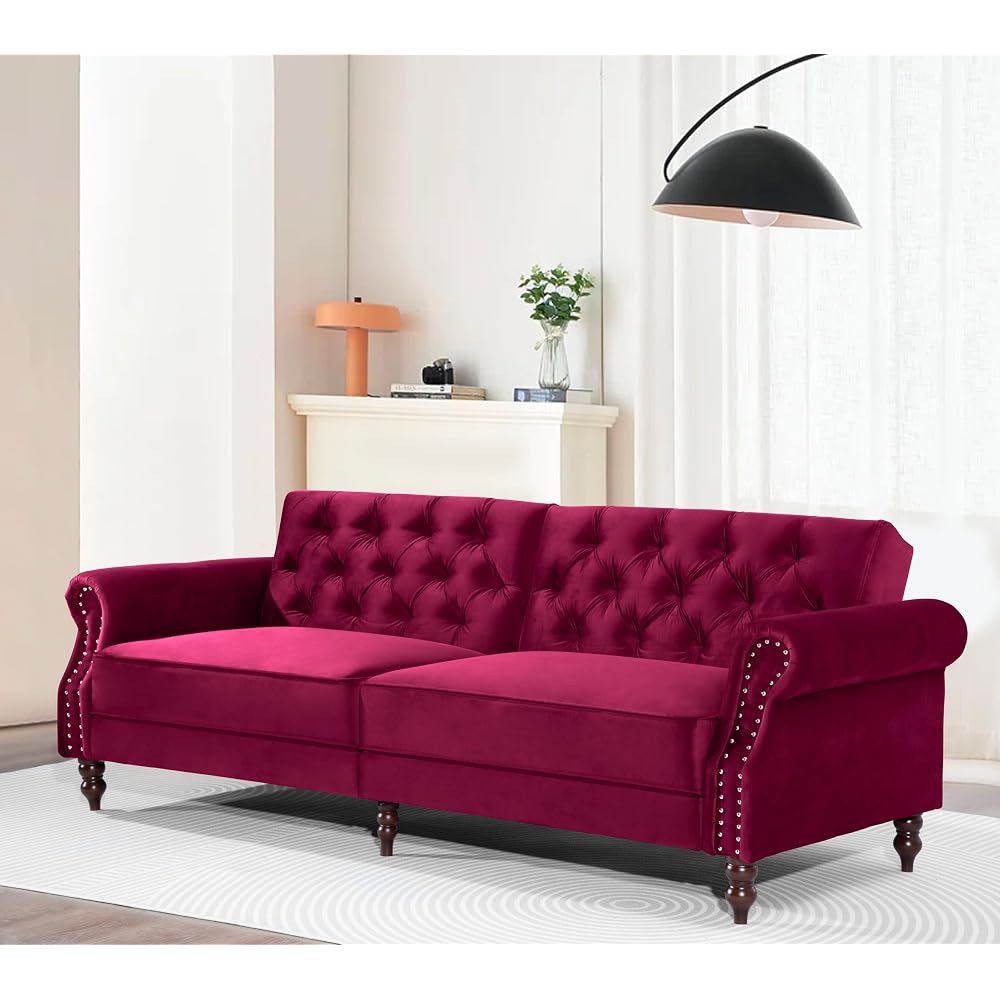 Legend Vansen 87.8 inchs Convertible Velvet Bed Sleeper Futon Sofas, Wine Red