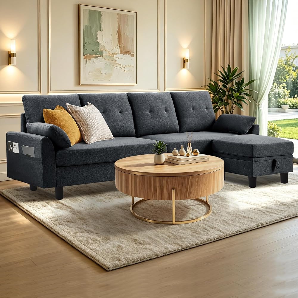 102" Sectional Sofa, 4-Seat L Shaped Couch with Storage Chaise and Phone Holder for Living Room, Convertible Sofa with Headrests, Dark Grey