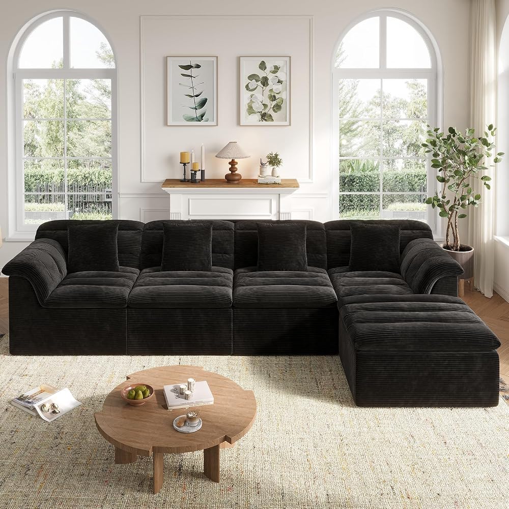 142" Modular Cloud Sectional Couch with Ottoman, Modern Upholstered Compressed Sofa with Deep Seat, Comfy L-Shape Corduroy Couches for Living Room, No Assembly Required, Black