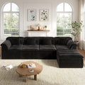 142" Modular Cloud Sectional Couch with Ottoman, Modern Upholstered Compressed Sofa with Deep Seat, Comfy L-Shape Corduroy Couches for Living Room, No Assembly Required, Black