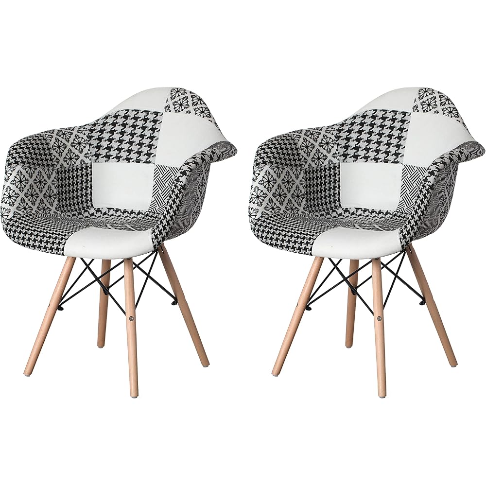 Mid-Century Modern Fabric Arm Chairs Set of 2, Barrel Accent Chairs for Living Room, Beech Wooden Legs, Black and White