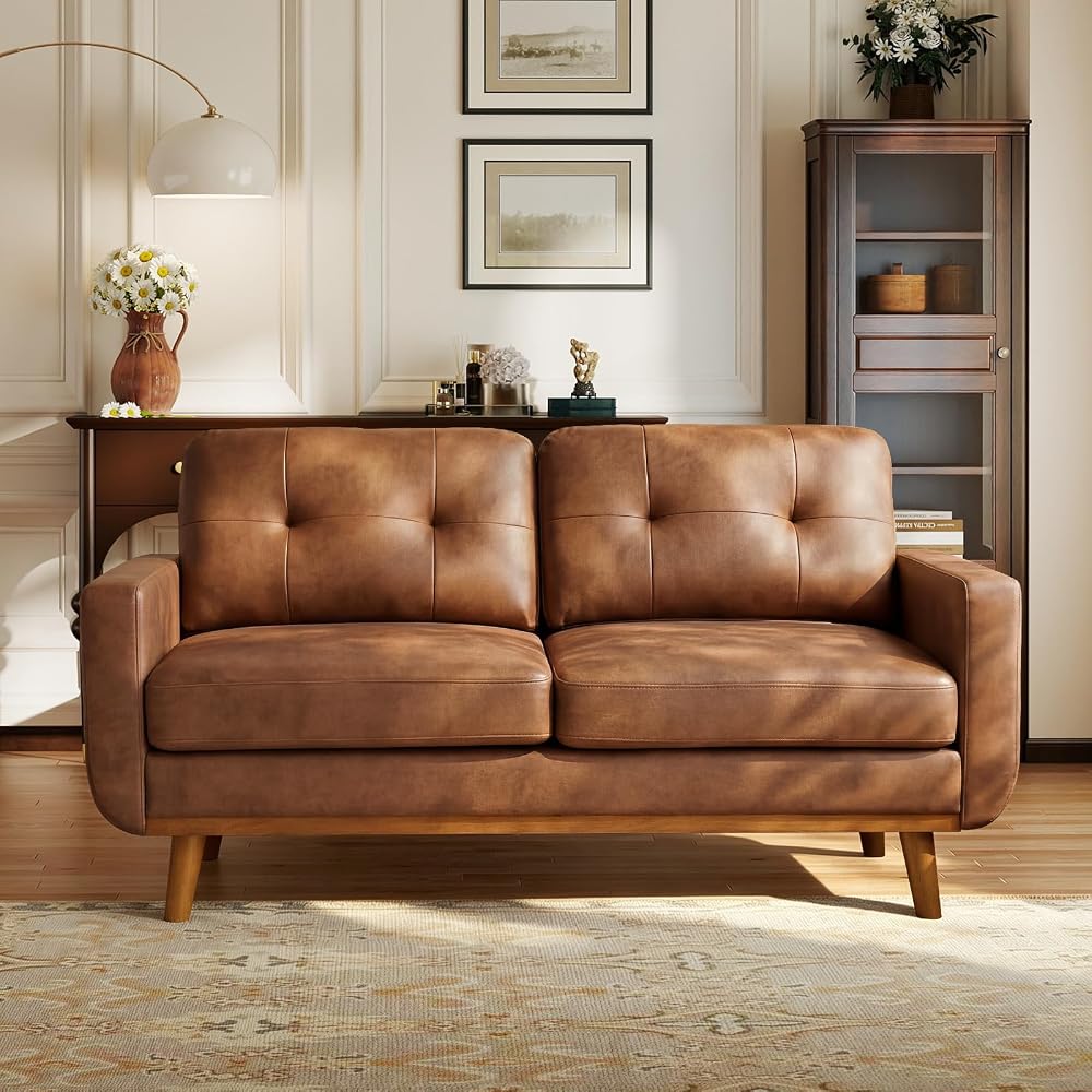 65" Small Loveseat Sofa, Mid Century Modern Love Seat Couch with Solid Wood Legs, Button Tufted Upholstered Mini Couches for Bedroom, Living Room, Office, Small Spaces, Easy to Install, Light Brown