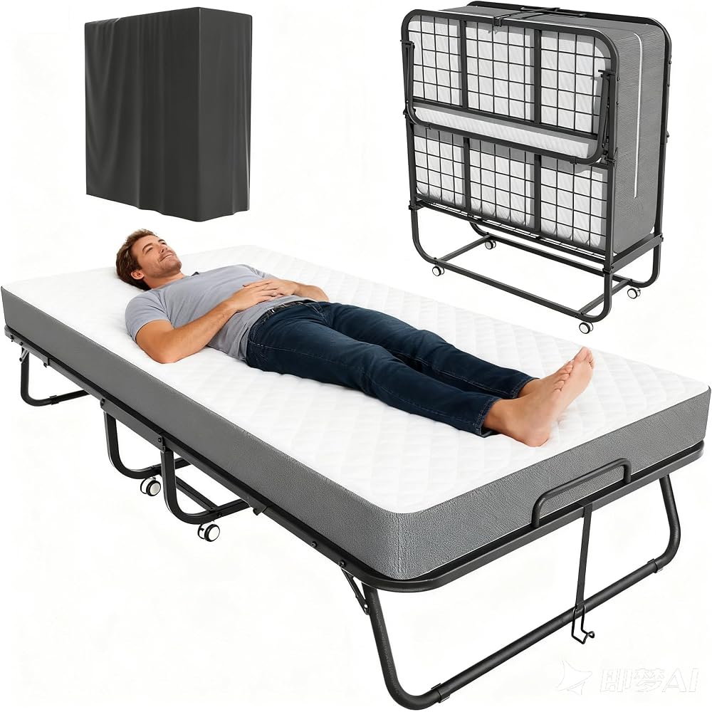Pataku Folding Bed with Mattress, 75"x31" Roll Away Frame, 5" Memory Foam