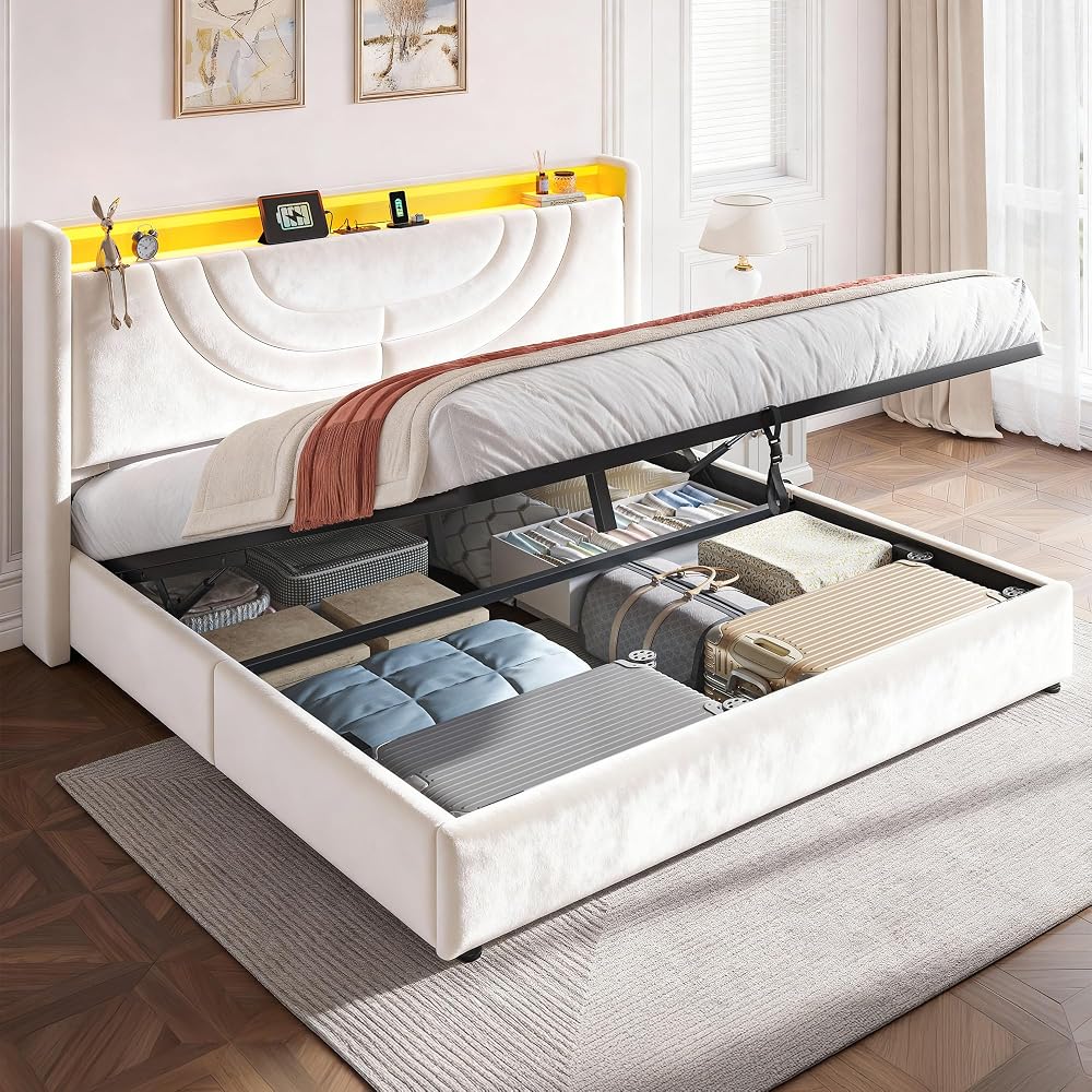 Homkdom Queen Velvet Lift Up Storage Bed Frame with Charging & LED, Beige