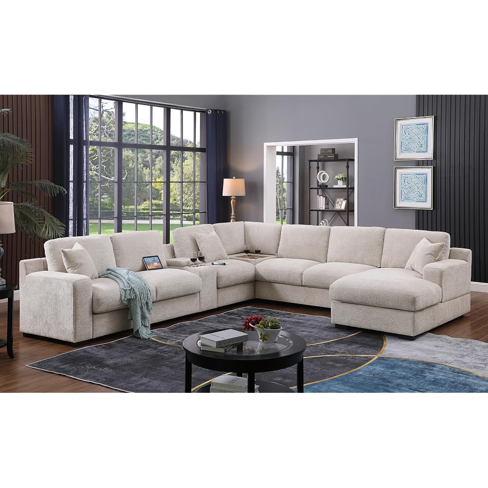 Lilola Home Celine 141.5" Beige Chenille Fabric Corner Sectional Sofa