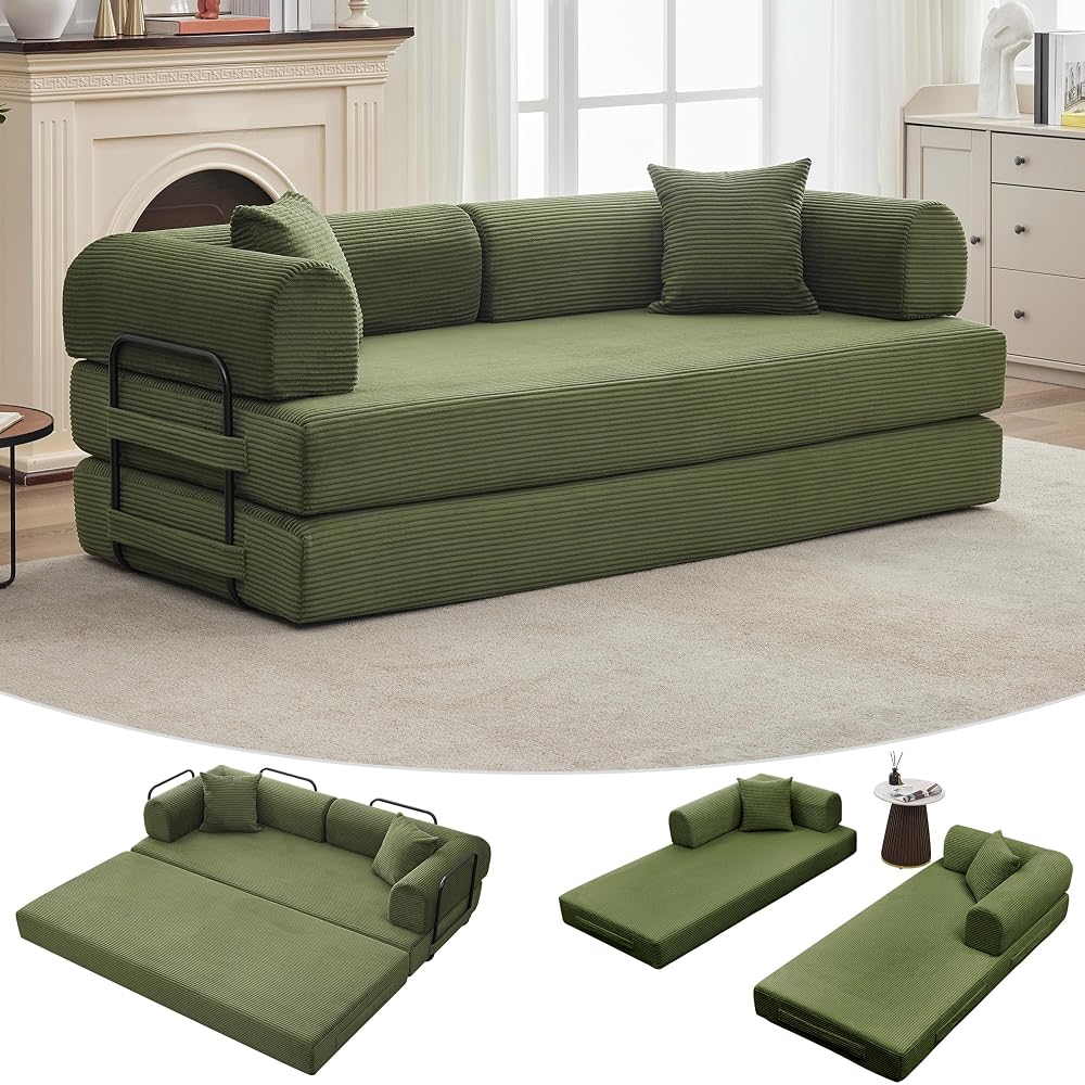 GarveeHome 79" Convertible Sleeper Sofa Bed Couch, 4-in-1 Boneless Corduroy Folding Sofa Bed with Pillow & Fixed-Shape, Floor Mattress Couch Loveseat for Living Room Apartments - No Assembly, Green