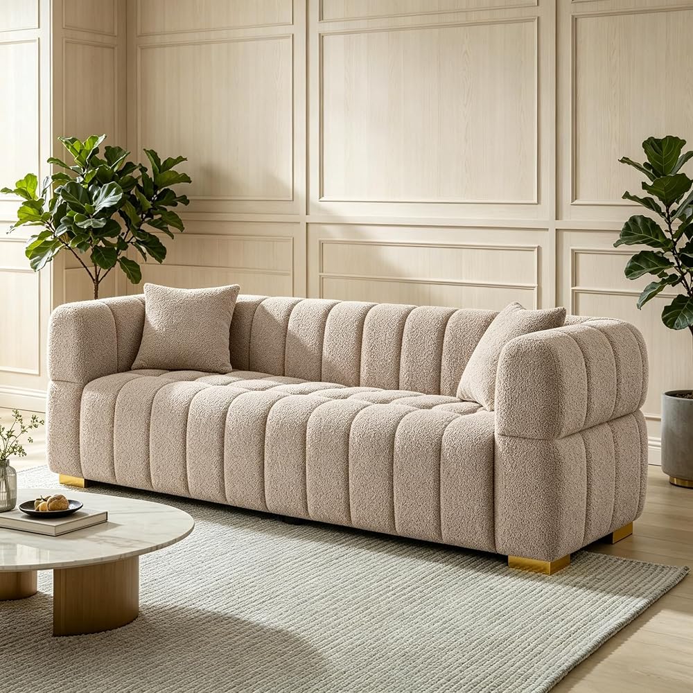 VANOMi 90.9" Boucle 3-Seater Deep Seat Sofa, Oversized Cloud Couch, Taupe